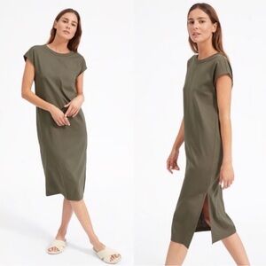 Everlane The Luxe Cotton Side Slit Tee Midi Dress in Olive Green NWT